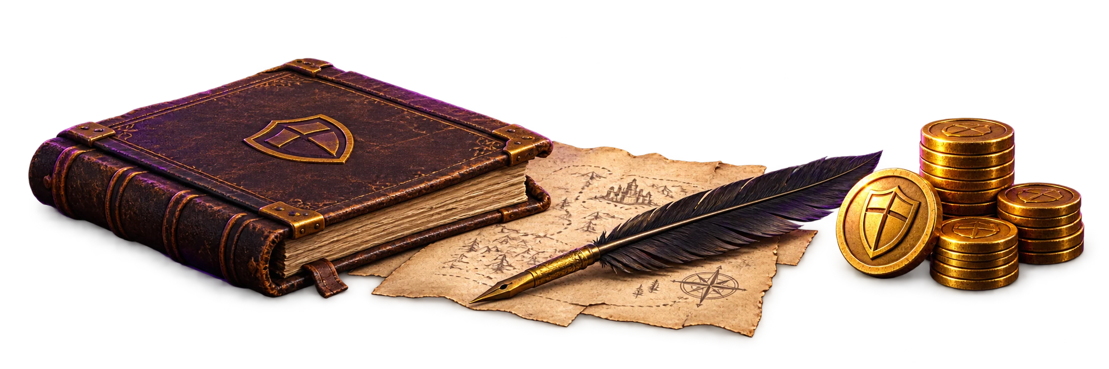 A leather journal, a map, a quill and gold coins