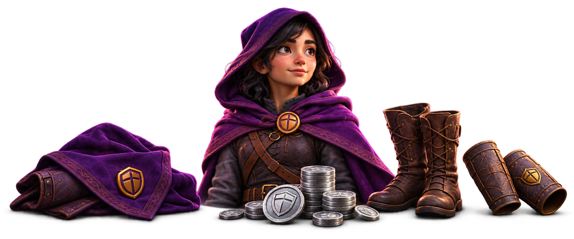 A violet-cloaked hero with silver coins, a cloak, boots and bracers